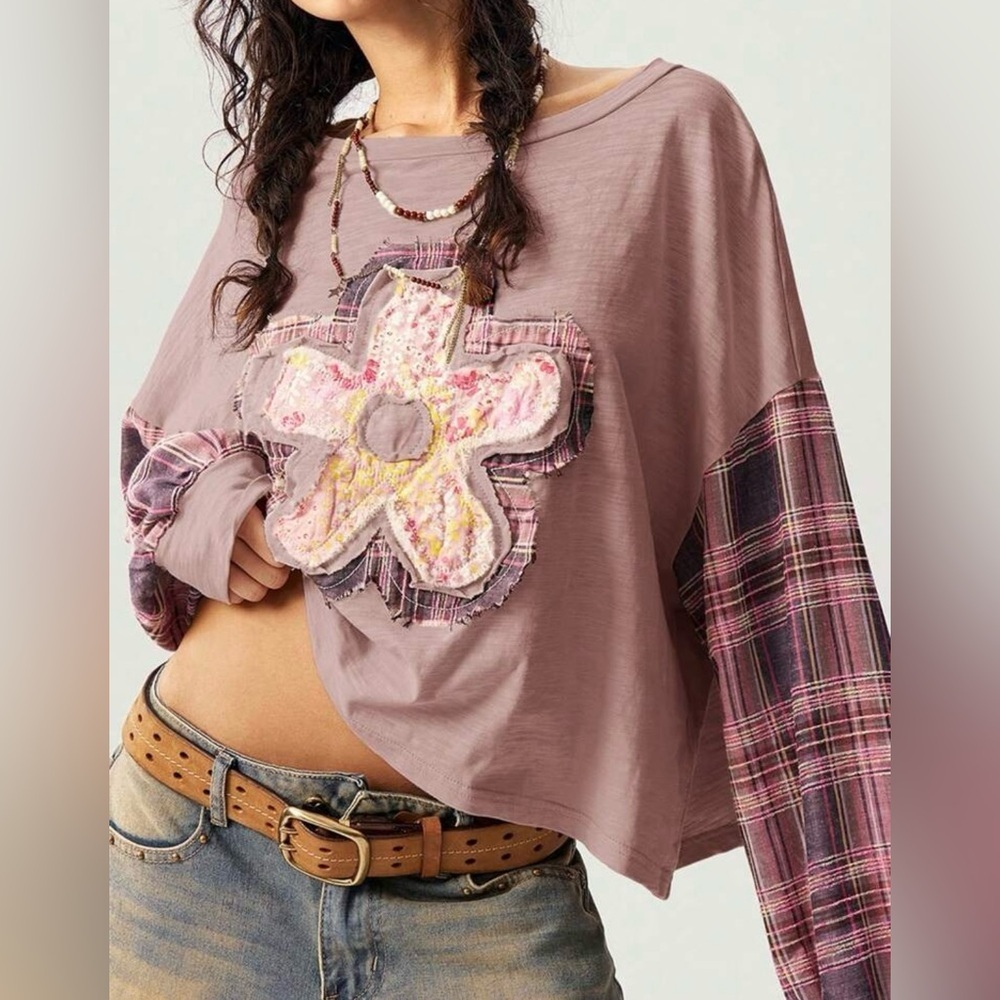 Plaid Patchwork Flower Top NWT - image 2